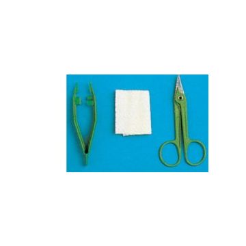 Set per rimozione suture confezionato in blister rigido, contenente forbice, pinza e garza