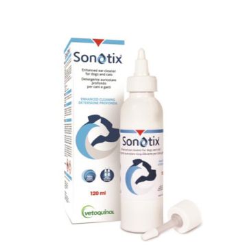 Sonotix detergente auricolare profondo cani e gatti flacone 120 ml + cannula corta rigida + cannula